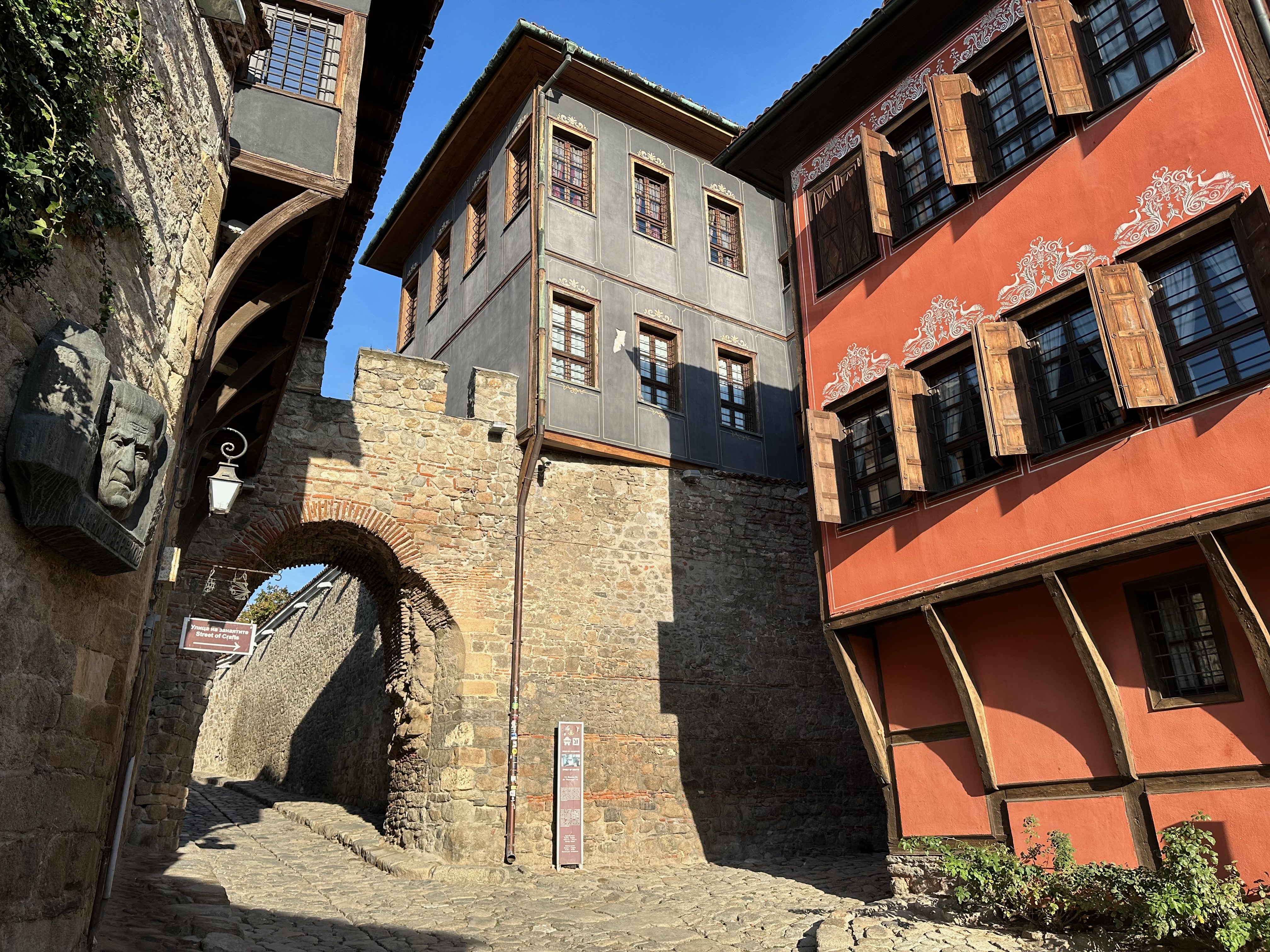 Plovdiv Old Town colorful National Revival mansions along cobblestone streets